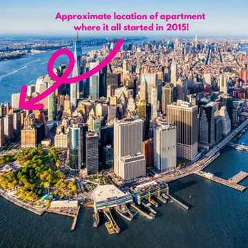 Lower Manhattan aerial with magenta arrow pointing to 'Approximate location of apartment where it all started in 2015!'